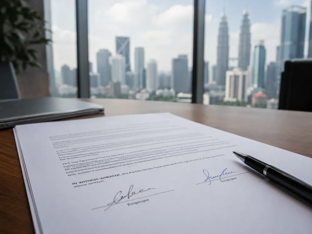 Expat reading and signing an employment contract in Malaysia