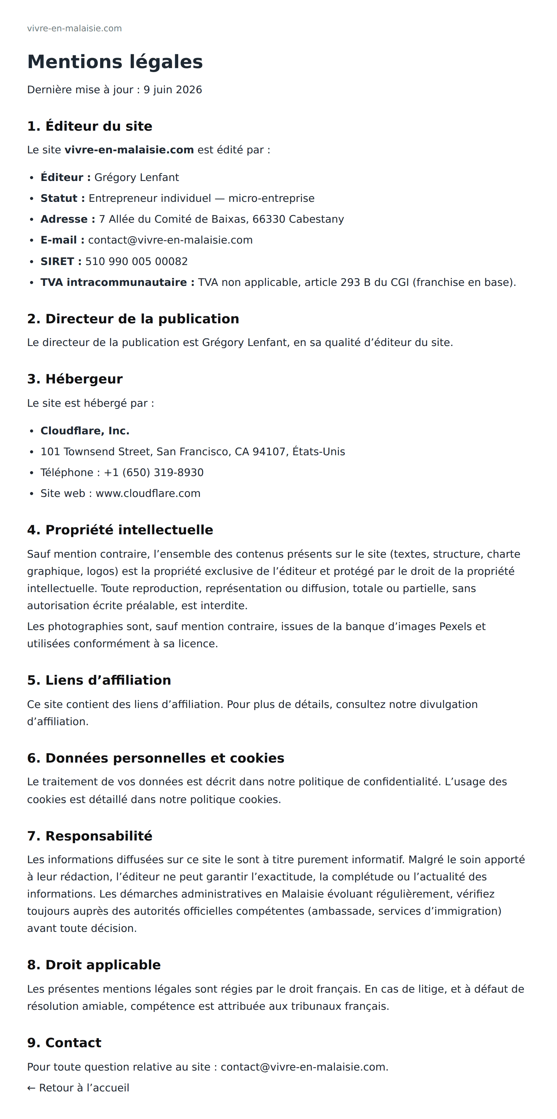 Mentions légales de vivre-en-malaisie.com : éditeur, directeur de la publication, hébergement, propriété intellectuelle, responsabilité et contact